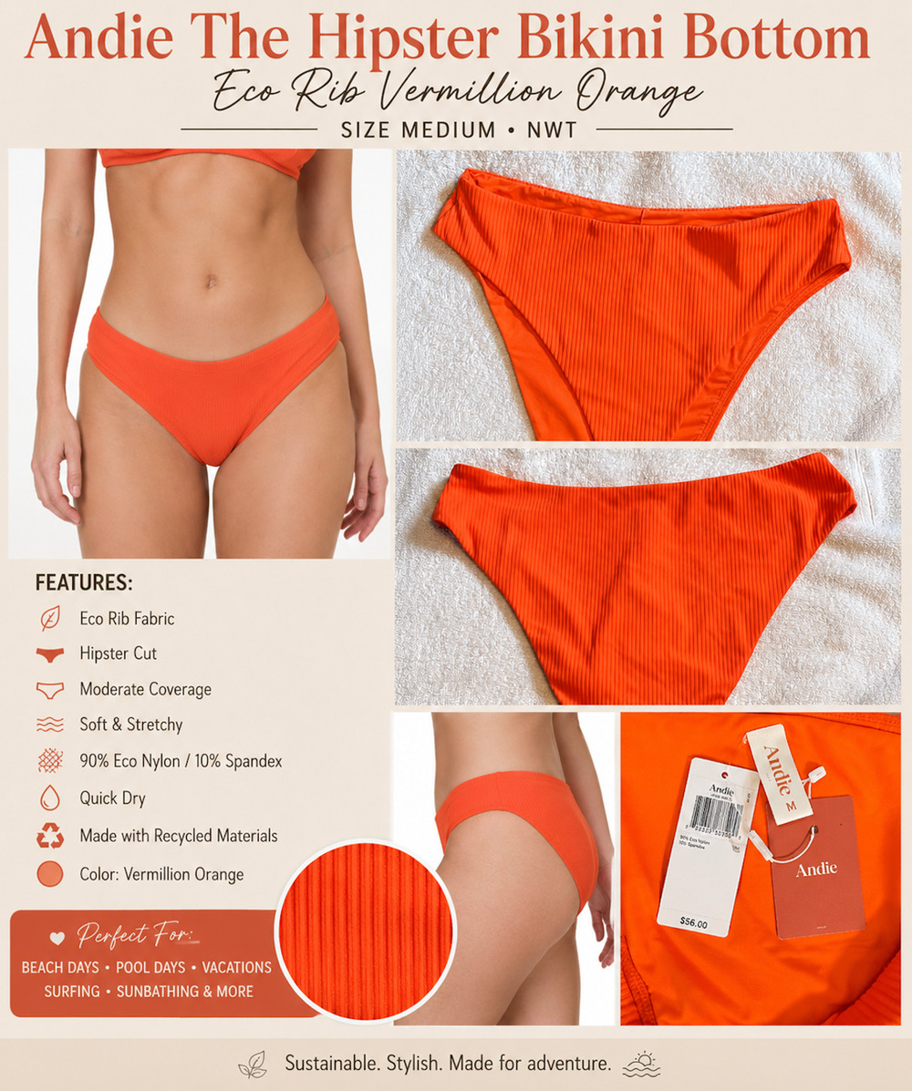Andie The Hipster Bikini Bottom Eco Rib Vermillion Orange NWT Women's Medium